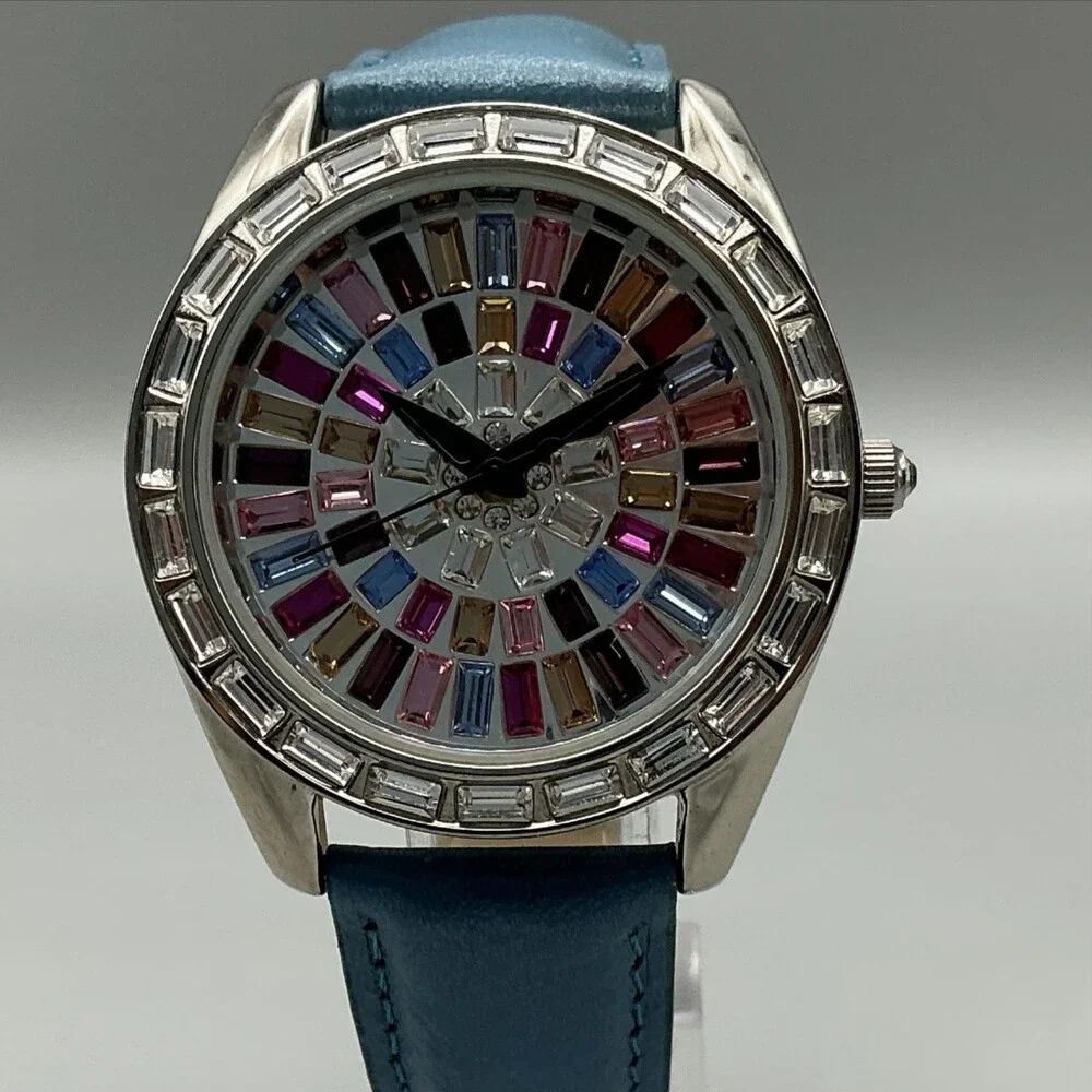 Adrienne Womens Watch 40mm Multicolor Gem Dial Silver Tone Leather New Battery